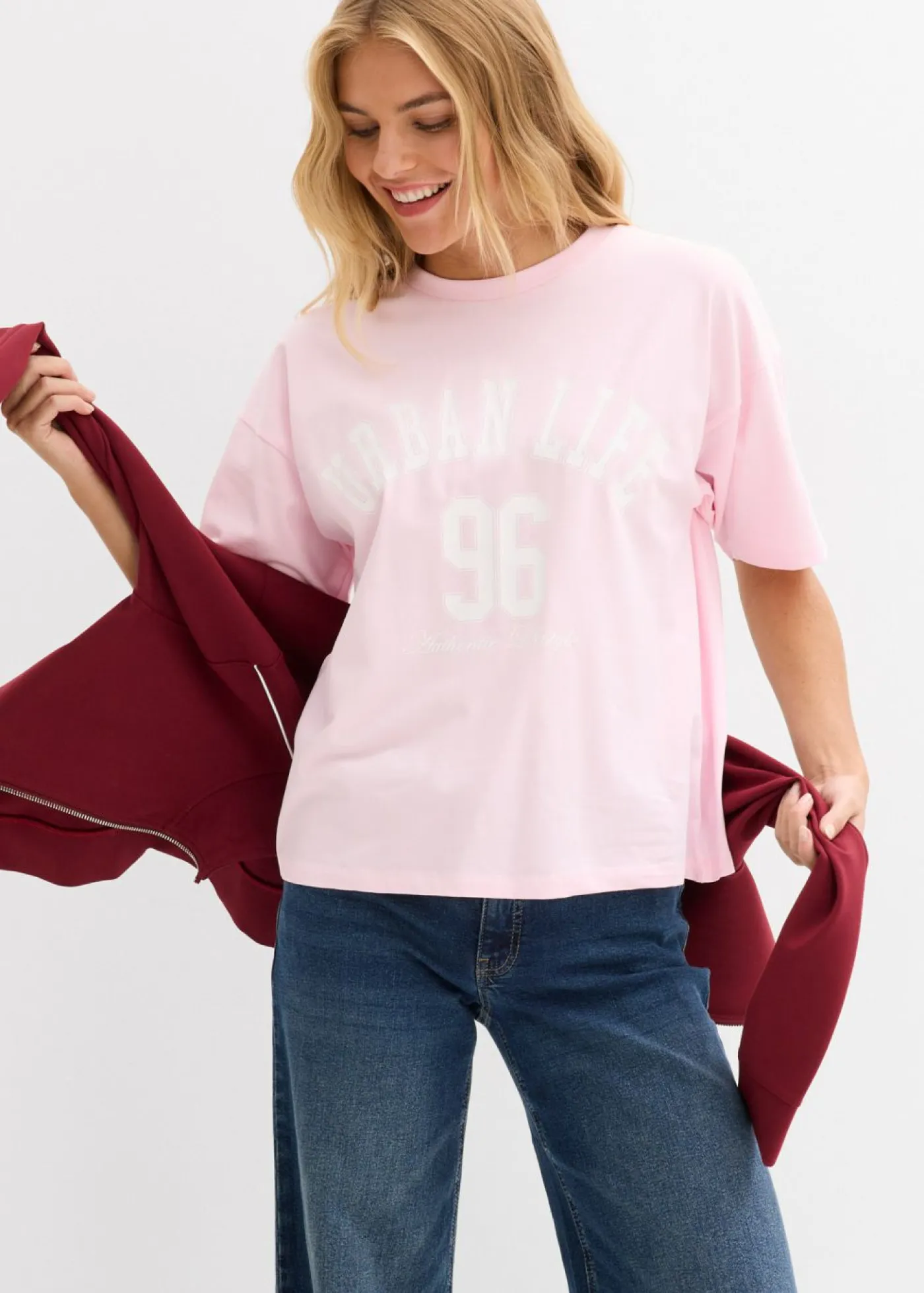 bonprix bonprix Camiseta oversize rosa cristal-blanco