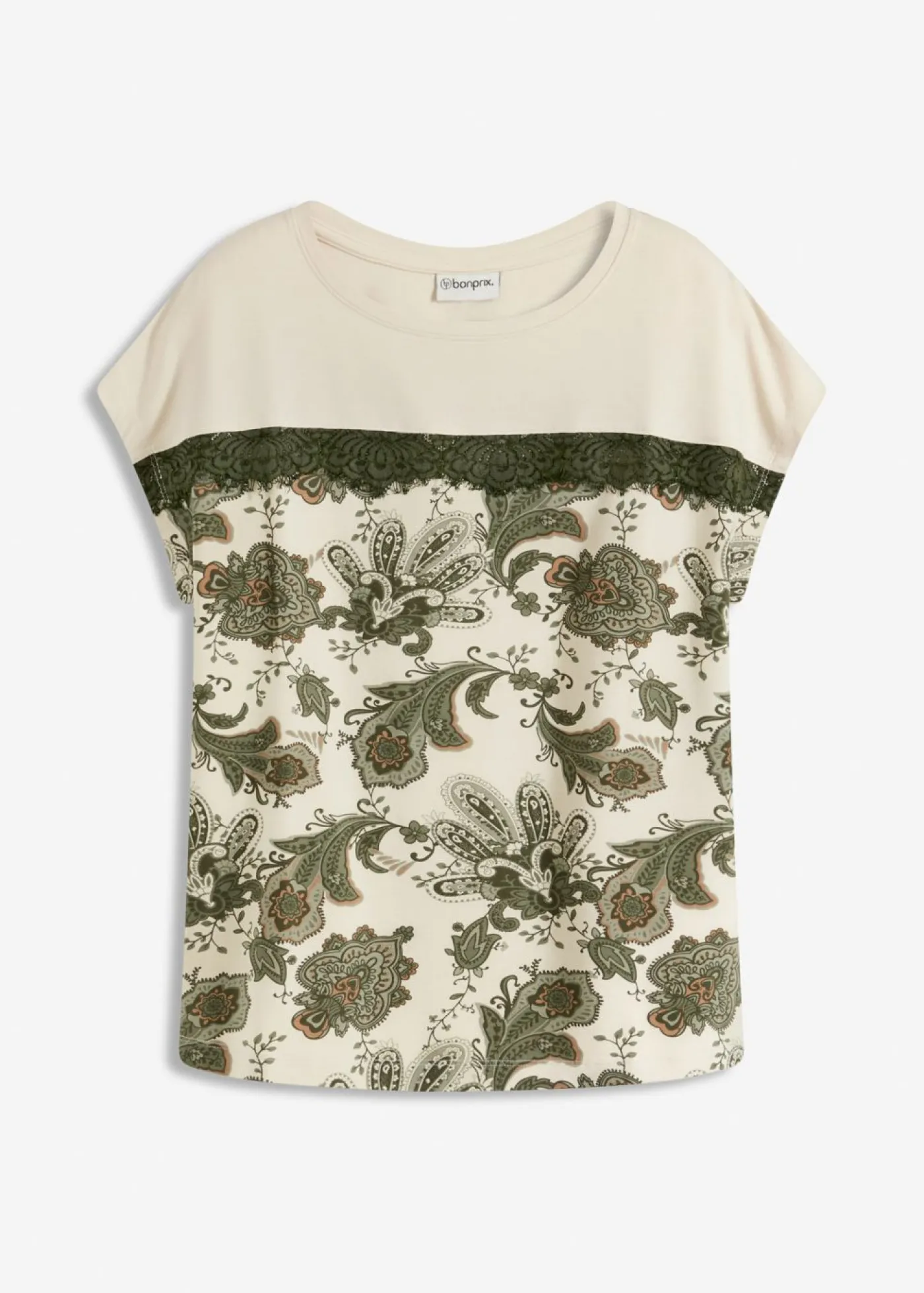 bonprix bonprix Camiseta oversize con cinta de encaje crudo-verde oliva Clearance