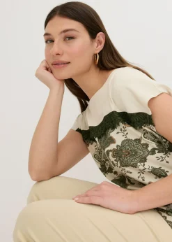 bonprix bonprix Camiseta oversize con cinta de encaje crudo-verde oliva Clearance