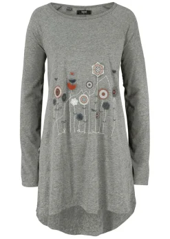 bonprix bonprix Camiseta oversize con cuello redondo Gris jaspeado con flores New