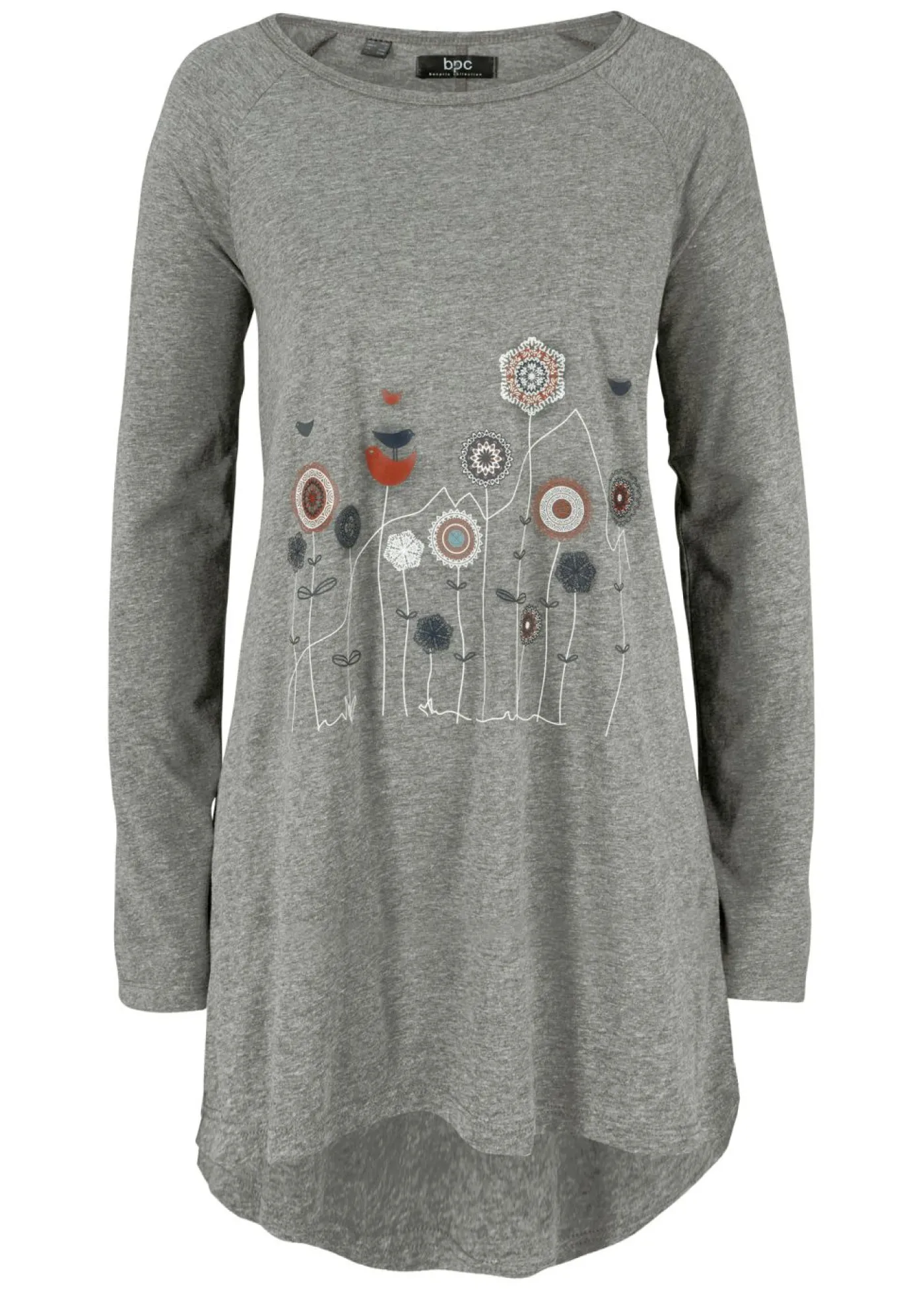 bonprix bonprix Camiseta oversize con cuello redondo Gris jaspeado con flores New