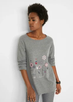 bonprix bonprix Camiseta oversize con cuello redondo Gris jaspeado con flores New