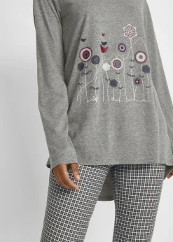 bonprix bonprix Camiseta oversize con cuello redondo Gris jaspeado con flores New
