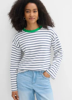 bonprix bonprix Camiseta oversize de manga larga de algodón orgánico puro blanco/verde hierba/azul almirante con rayas Clearance