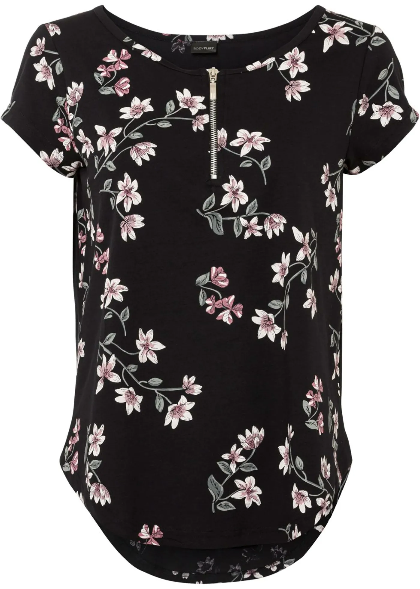 bonprix bonprix Camiseta oversize de mezcla de algodón Negro-rosa de flores Clearance