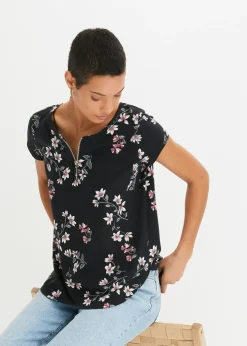 bonprix bonprix Camiseta oversize de mezcla de algodón Negro-rosa de flores Clearance