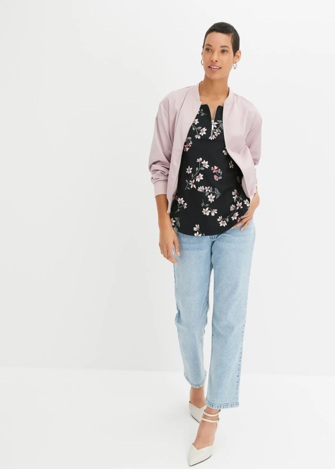 bonprix bonprix Camiseta oversize de mezcla de algodón Negro-rosa de flores Clearance