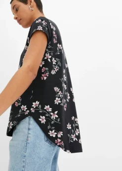 bonprix bonprix Camiseta oversize de mezcla de algodón Negro-rosa de flores Clearance