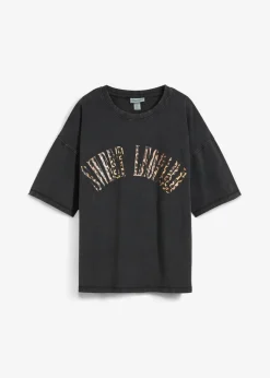 bonprix bonprix Camiseta oversize en suave mezcla de algodón Negro estampado con lavado desgastado Best