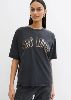 bonprix bonprix Camiseta oversize en suave mezcla de algodón Negro estampado con lavado desgastado Best