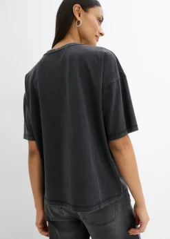 bonprix bonprix Camiseta oversize en suave mezcla de algodón Negro estampado con lavado desgastado Best