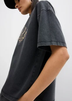 bonprix bonprix Camiseta oversize en suave mezcla de algodón Negro estampado con lavado desgastado Best