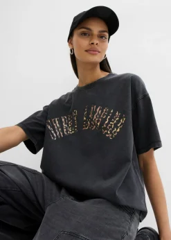 bonprix bonprix Camiseta oversize en suave mezcla de algodón Negro estampado con lavado desgastado Best