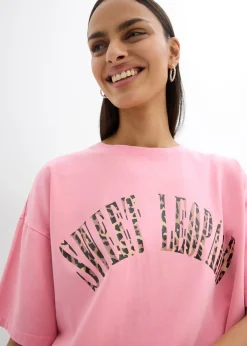 bonprix bonprix Camiseta oversize en suave mezcla de algodón Rosa orquídea estampado Hot