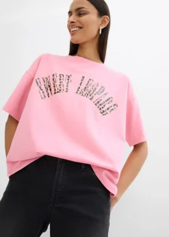 bonprix bonprix Camiseta oversize en suave mezcla de algodón Rosa orquídea estampado Hot