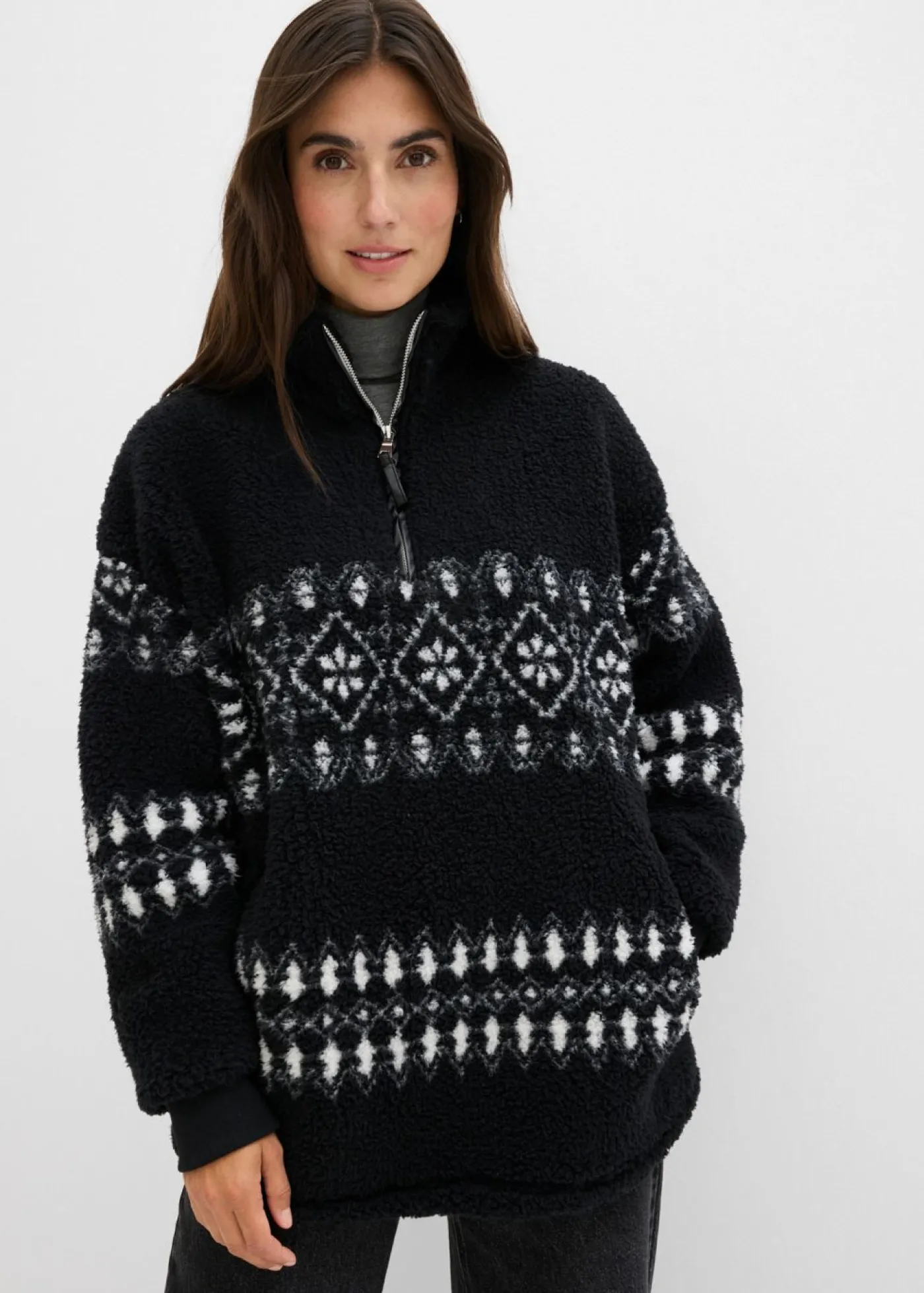 bonprix bonprix Camiseta polar Negro-blanco lana con patrón nórdico Outlet