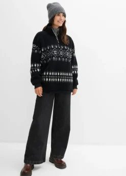 bonprix bonprix Camiseta polar Negro-blanco lana con patrón nórdico Outlet