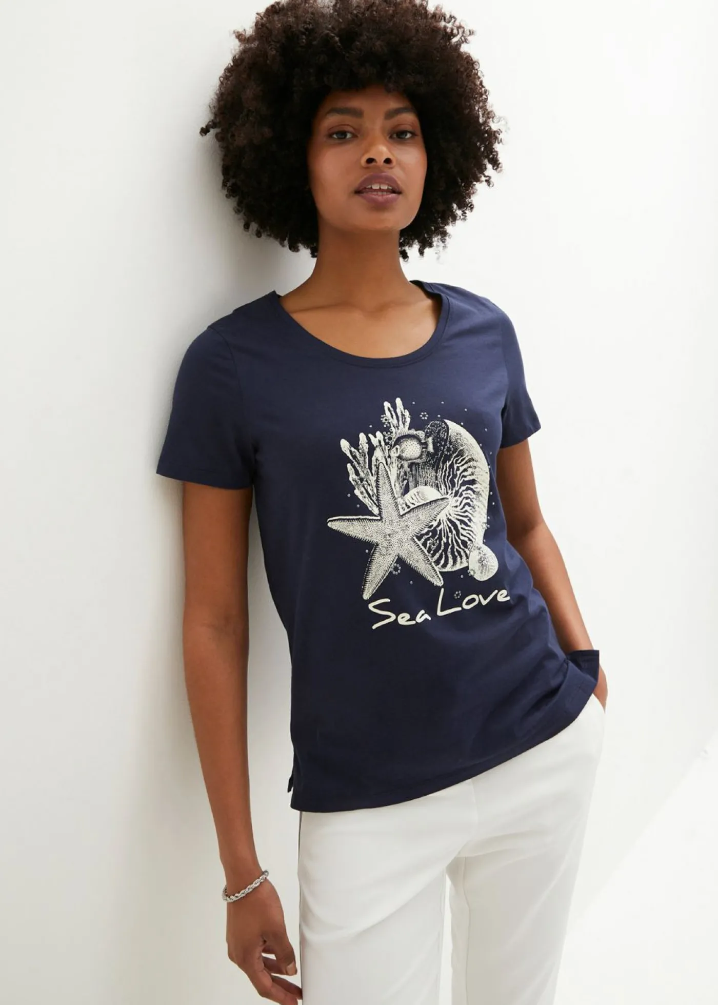 bonprix bonprix Camiseta Sea Love Azul marino-blanco crema estampado Sale