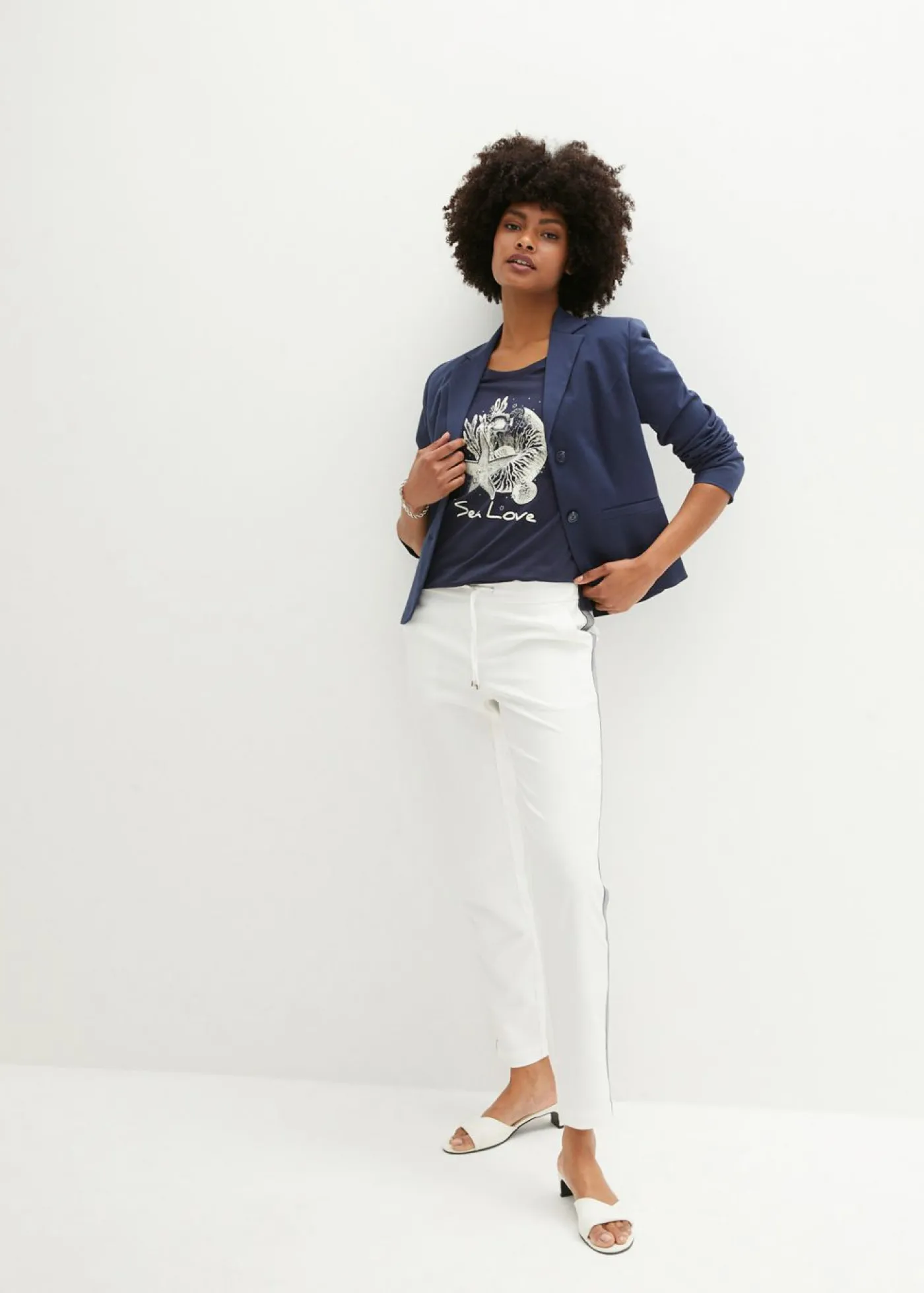 bonprix bonprix Camiseta Sea Love Azul marino-blanco crema estampado Sale