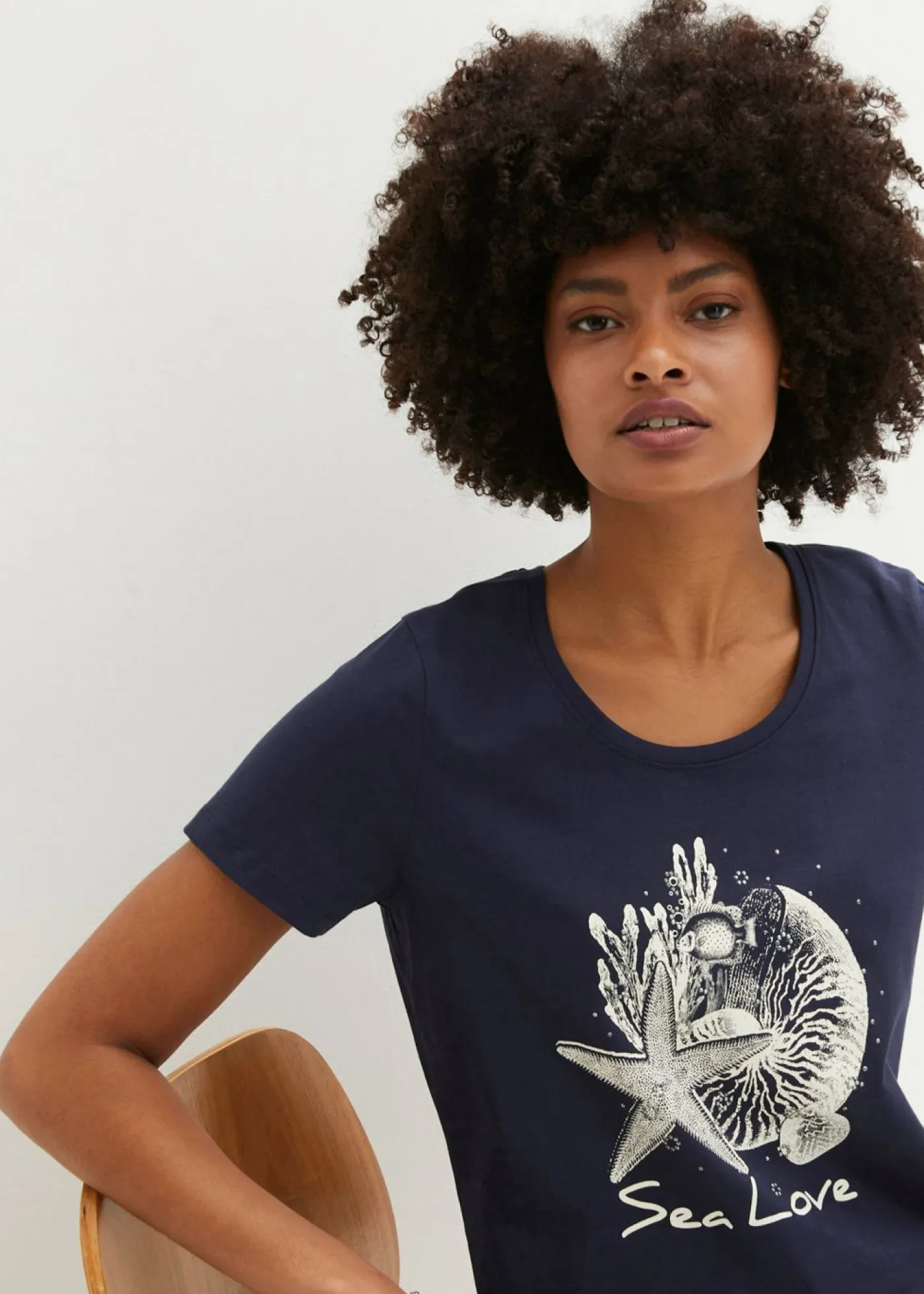 bonprix bonprix Camiseta Sea Love Azul marino-blanco crema estampado Sale