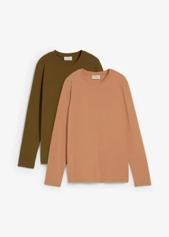 bonprix bonprix Camiseta slim fit con algodón orgánico puro (2 unidades) Batido de chocolate/verde oliva