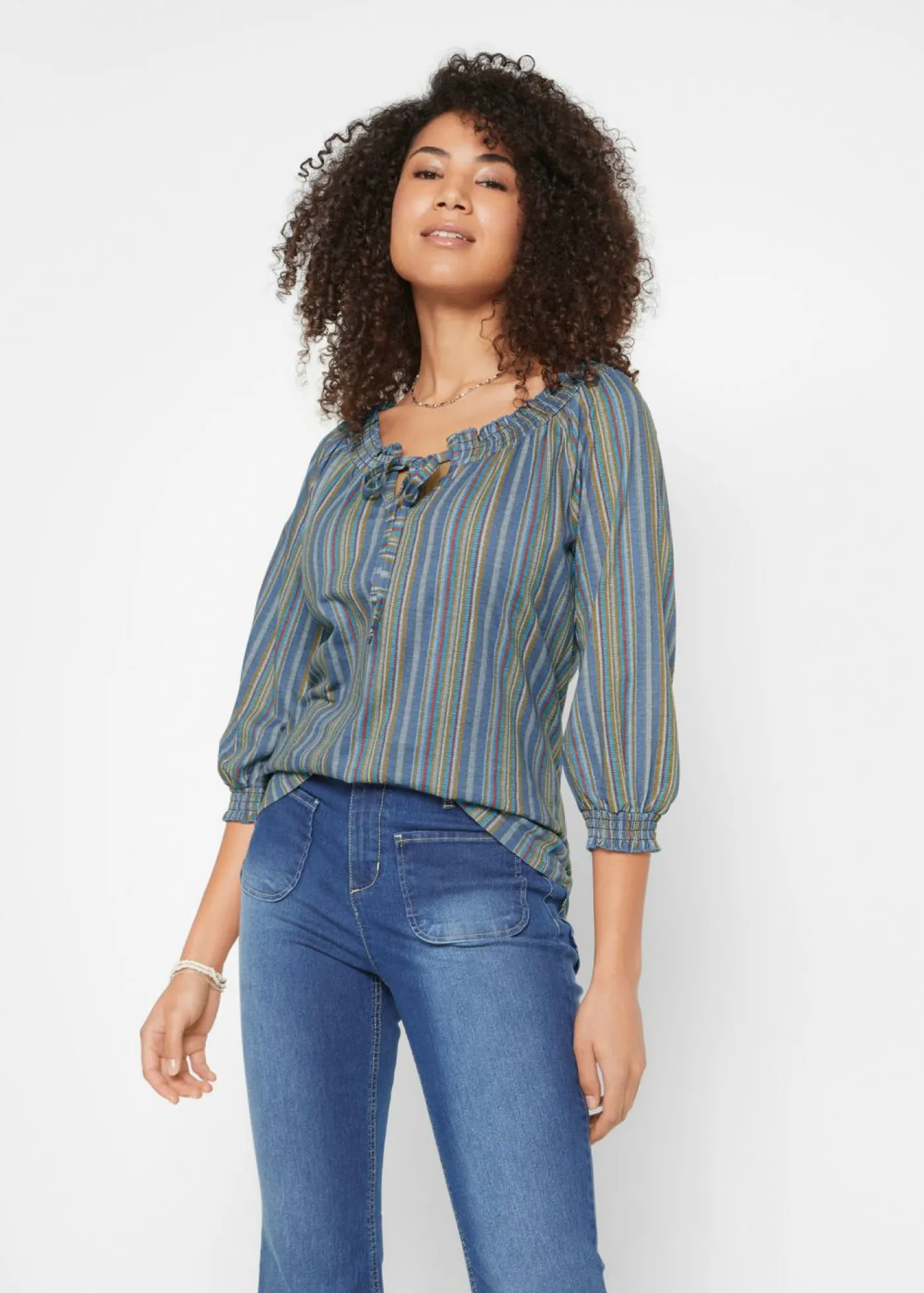 bonprix bonprix Camiseta tipo túnica con mangas 3/4 y estampado de rayas Azul añil de rayas Discount