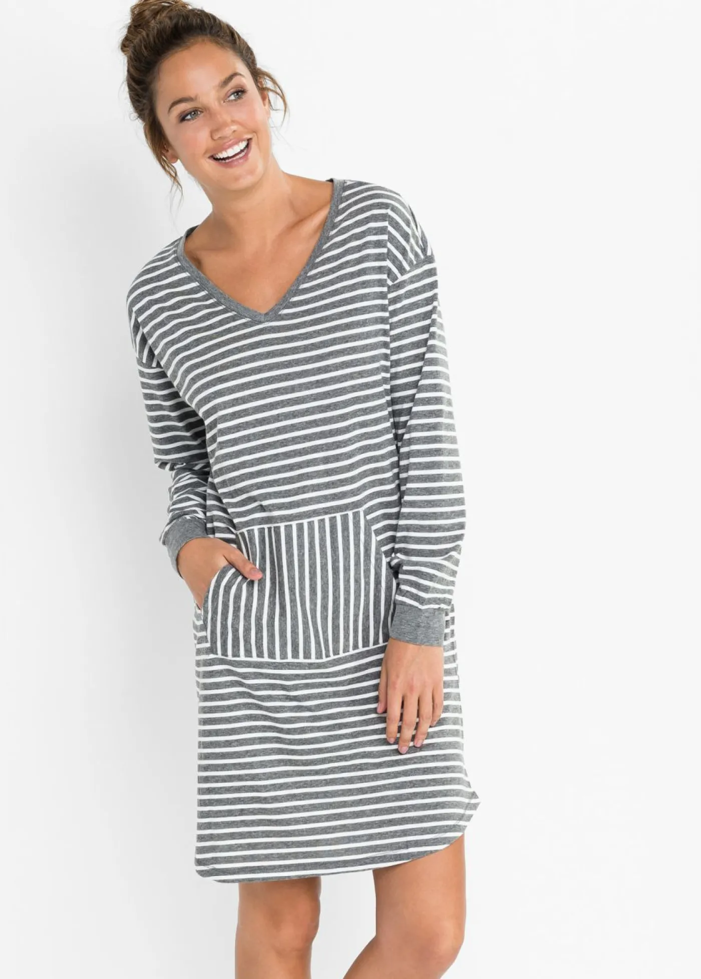 bonprix bonprix Camisón con algodón orgánico Gris jaspeado-blanco lana de rayas Outlet