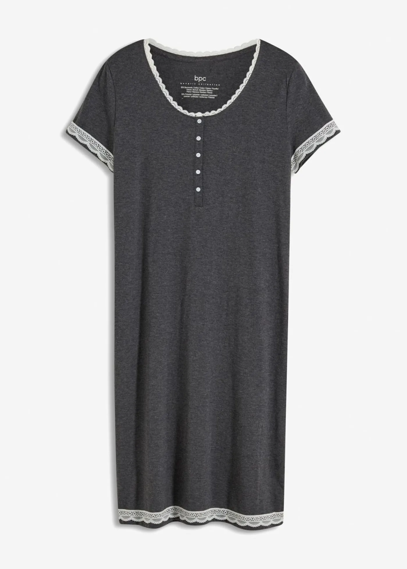 bonprix bonprix Camisón con botones y encaje suave Antracita jaspeado-blanco lana Best