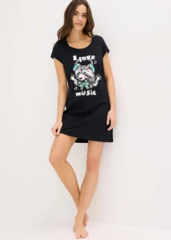 bonprix bonprix Camisón corto de algodón orgánico puro Negro estampado Outlet