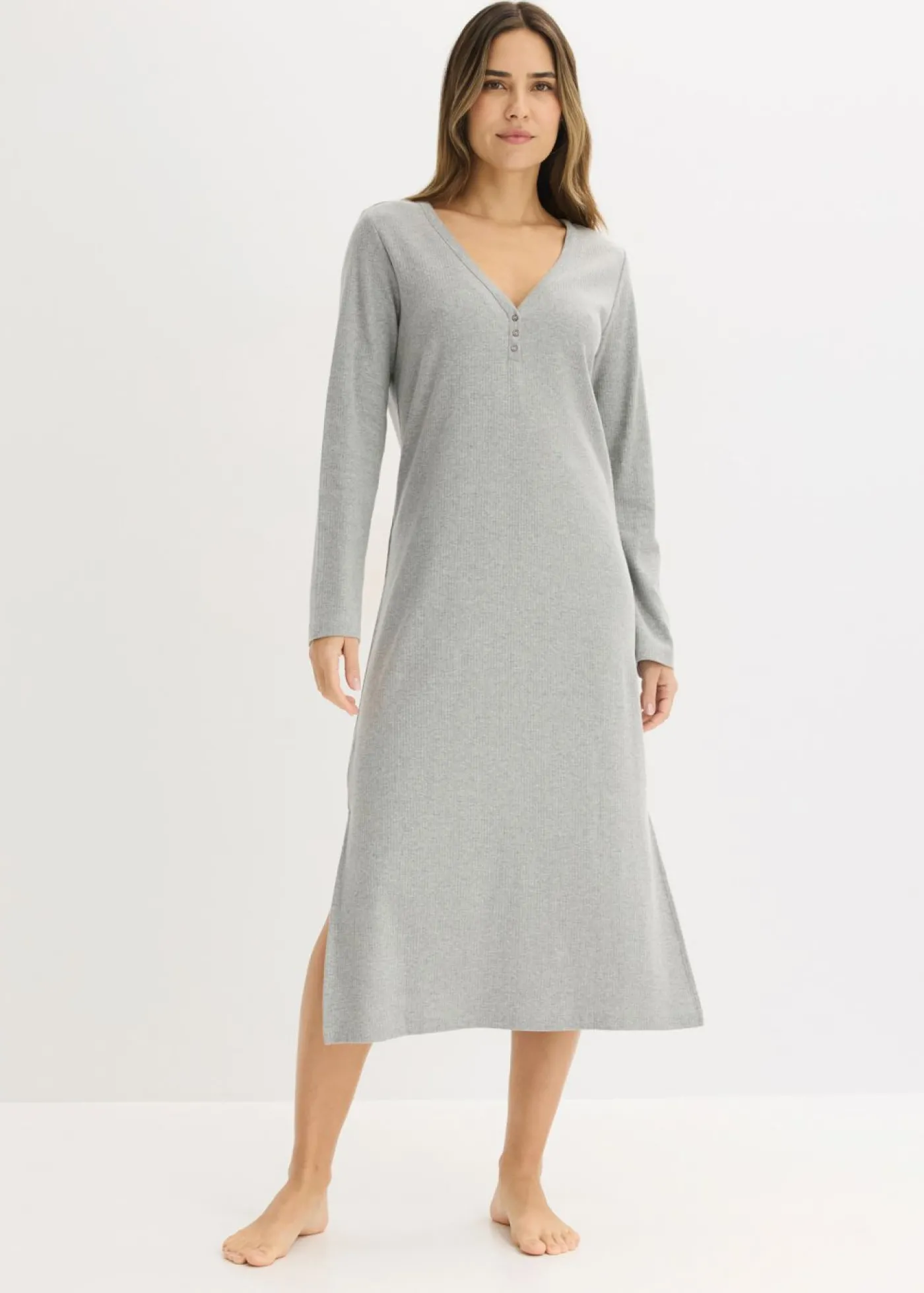 bonprix bonprix Camisón de canalé con botones Gris claro jaspeado New
