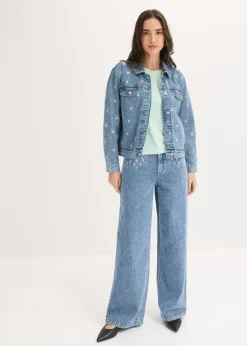 bonprix bonprix Cazadora vaquera con bordado de flores Denim claro desgastado New