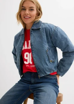 bonprix bonprix Cazadora vaquera con forro cálido, cropped Denim medio desgastado Hot