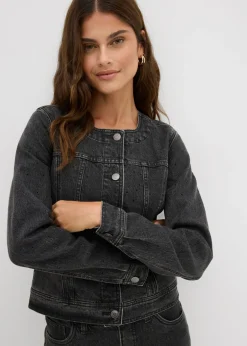 bonprix bonprix Cazadora vaquera con piedras brillantes Denim gris oscuro