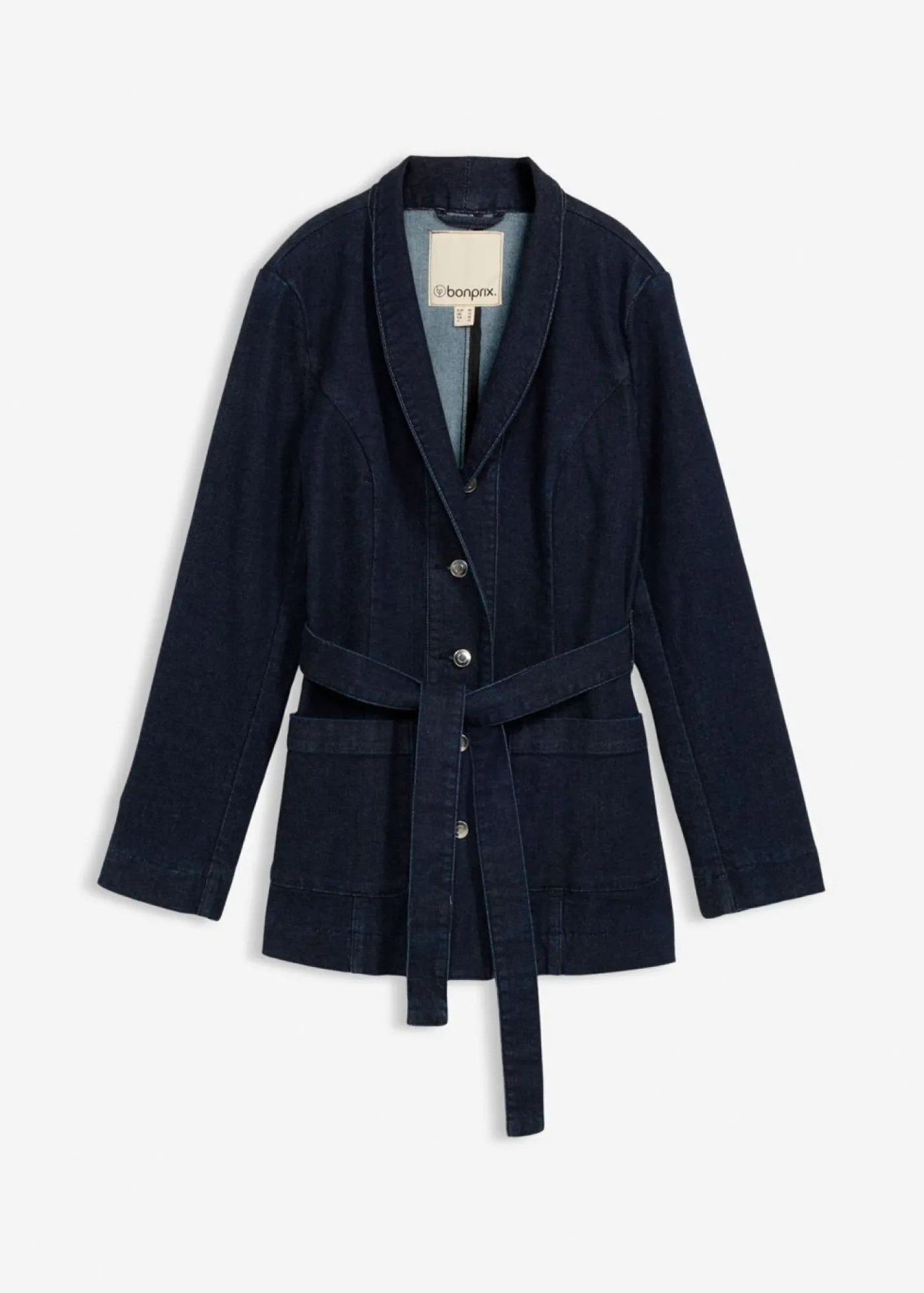 bonprix bonprix Cazadora vaquera de algodón con cinturón Azul oscuro denim Outlet