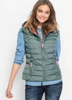 bonprix bonprix Chaleco acolchado con capucha Verde eucalipto-rosa Hot
