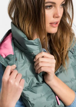 bonprix bonprix Chaleco acolchado con capucha Verde eucalipto-rosa Hot