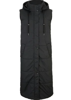 bonprix bonprix Chaleco largo acolchado con capucha y aberturas laterales Negro Outlet