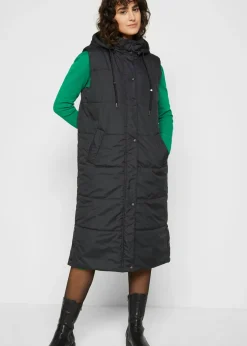 bonprix bonprix Chaleco largo acolchado con capucha y aberturas laterales Negro Outlet