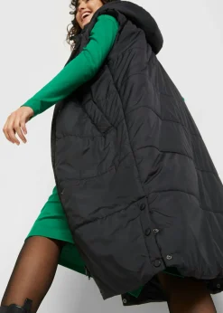 bonprix bonprix Chaleco largo acolchado con capucha y aberturas laterales Negro Outlet