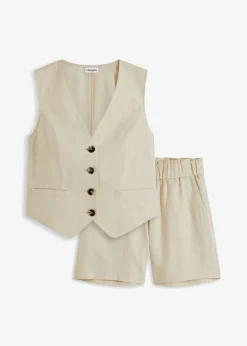 bonprix bonprix Chaleco y pantalón corto de mezcla de lino Beige-arena Outlet