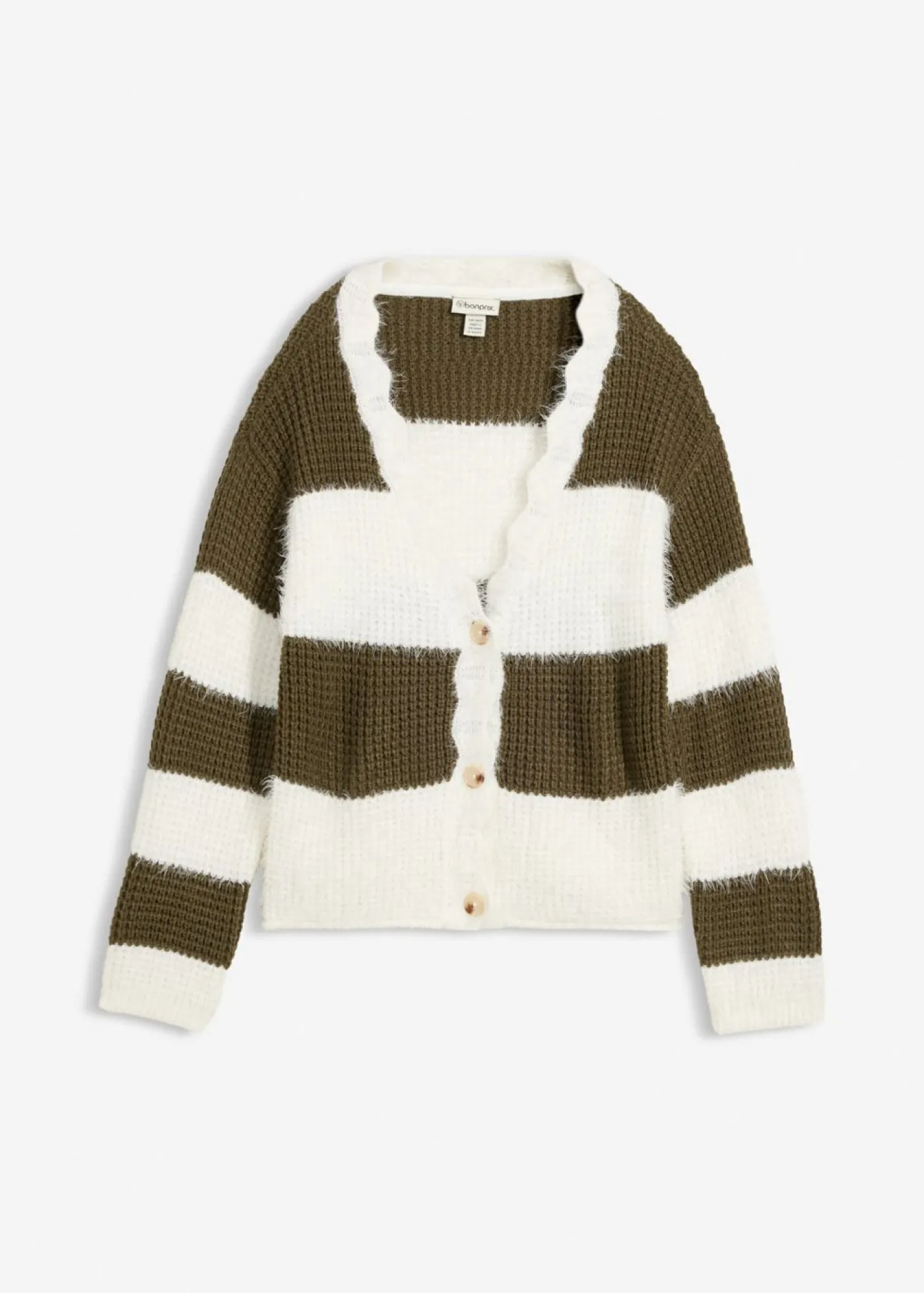 bonprix bonprix Chaqueta ancha de punto grueso blanco lana/verde oliva oscuro rayas horizontales Hot