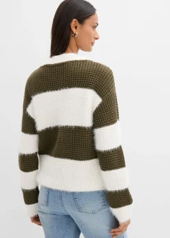 bonprix bonprix Chaqueta ancha de punto grueso blanco lana/verde oliva oscuro rayas horizontales Hot