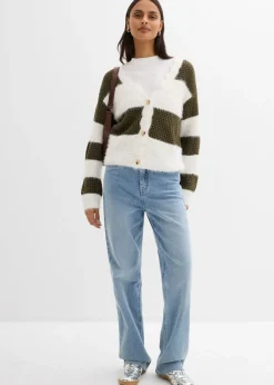 bonprix bonprix Chaqueta ancha de punto grueso blanco lana/verde oliva oscuro rayas horizontales Hot
