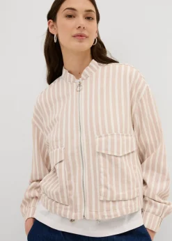 bonprix bonprix Chaqueta bomber con aspecto de lino beige almendra-blanco lana con rayas Outlet