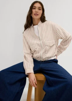 bonprix bonprix Chaqueta bomber con aspecto de lino beige almendra-blanco lana con rayas Outlet