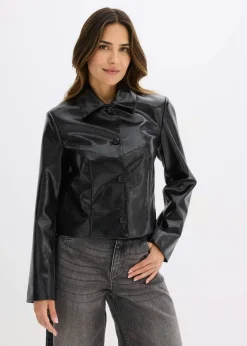 bonprix bonprix Chaqueta corta de piel sintética con acabado de cocodrilo brillante Negro Discount