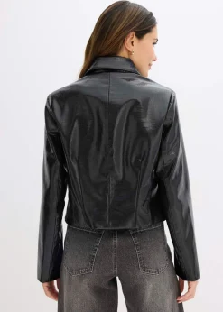 bonprix bonprix Chaqueta corta de piel sintética con acabado de cocodrilo brillante Negro Discount