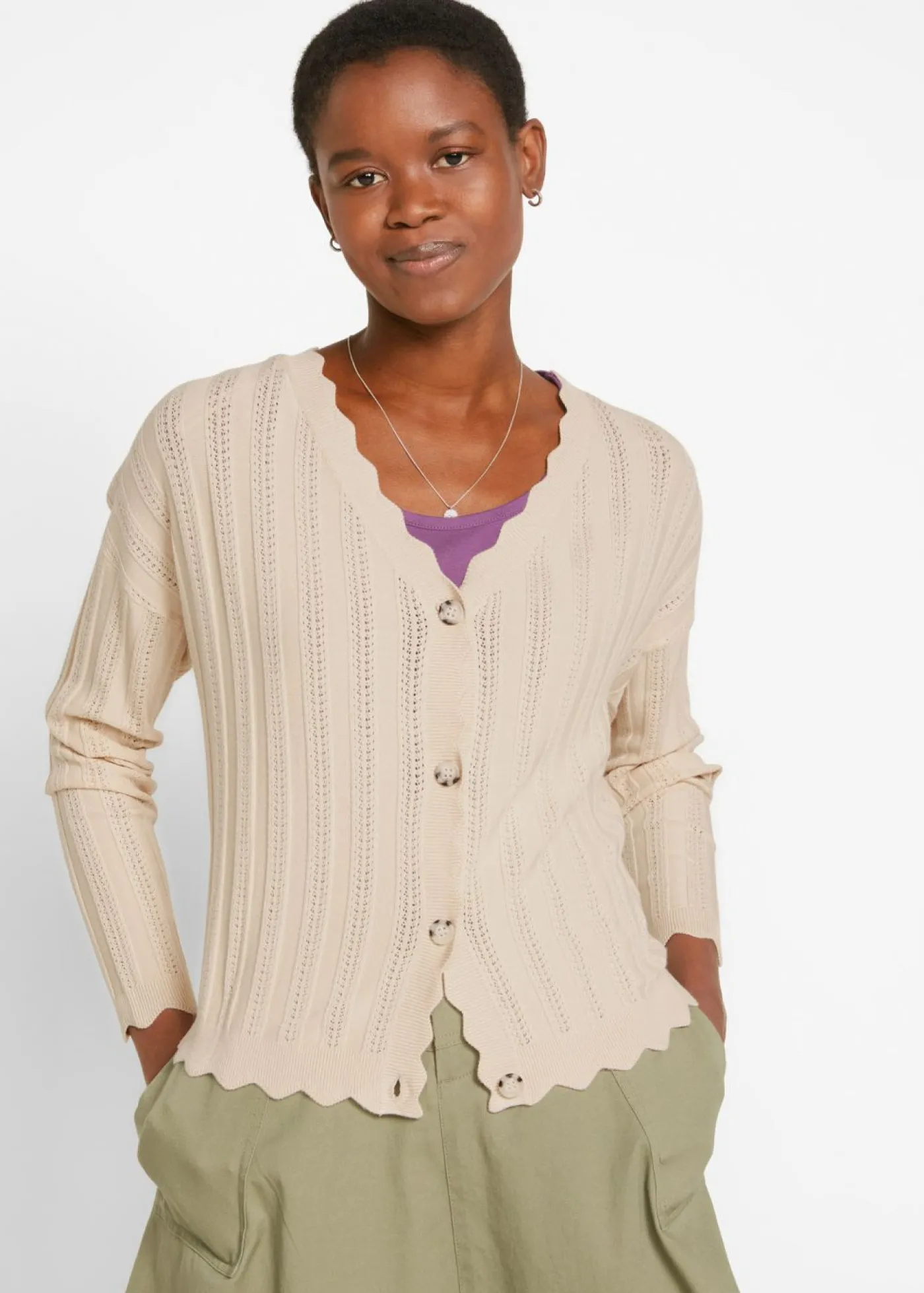 bonprix bonprix Chaqueta corta de punto ajour gris guijarro Hot