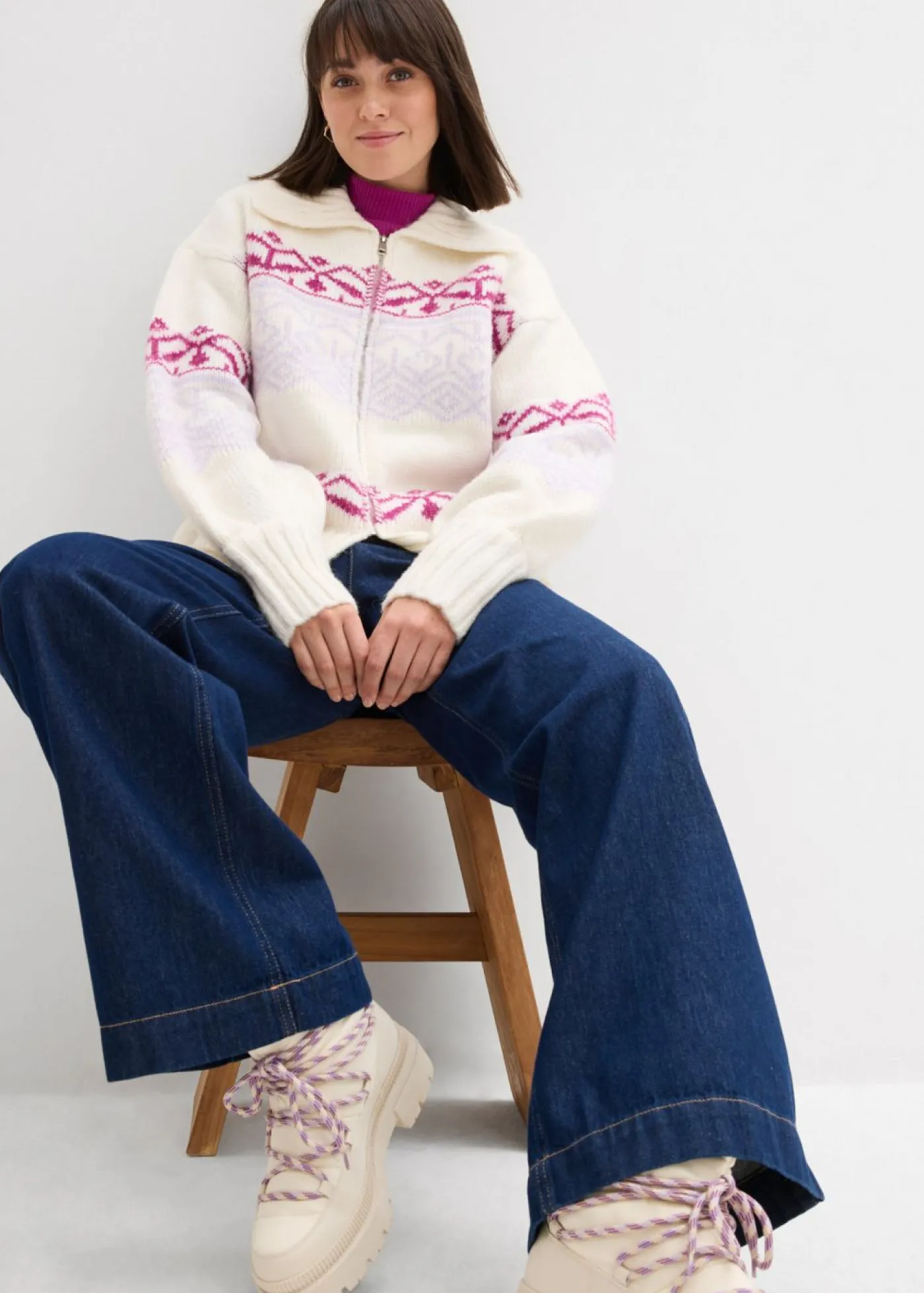 bonprix bonprix Chaqueta corta de punto con patrón nórdico blanco perla Online