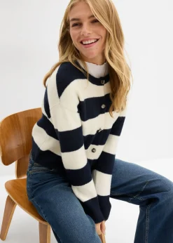 bonprix bonprix Chaqueta corta de punto fino blanco lana-azul marino rayas horizontales Clearance